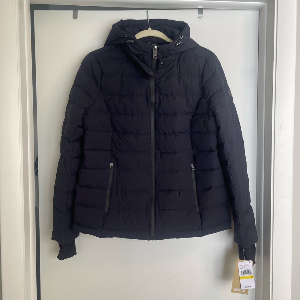 NWT Michael Kors Dark Navy Light Weight Quilted Puffer Hooded Down Jacket Size M